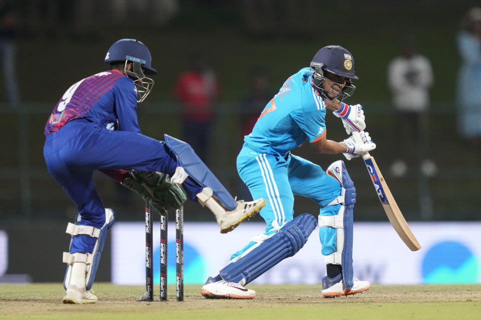 India's Shubman Gill plays a shot during the Asia Cup cricket match between India and Nepal in Pallekele, Sri Lanka on Monday, Sep. 4. (AP Photo/Eranga Jayawardena)