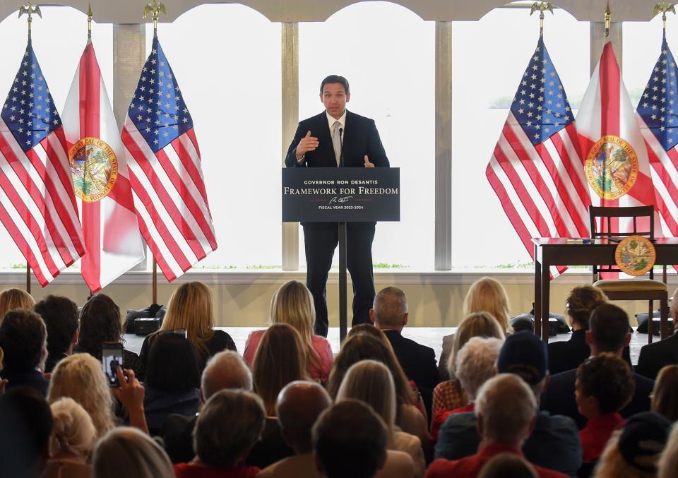 Florida Governor Ron DeSantis speaks to the audience at the Pelican Yacht Club on Thursday, June 15, 2023, in Fort Pierce. DeSantis spoke about the budget, conservation, environmental stewardship, and Indian River Lagoon before signing Florida state budget.