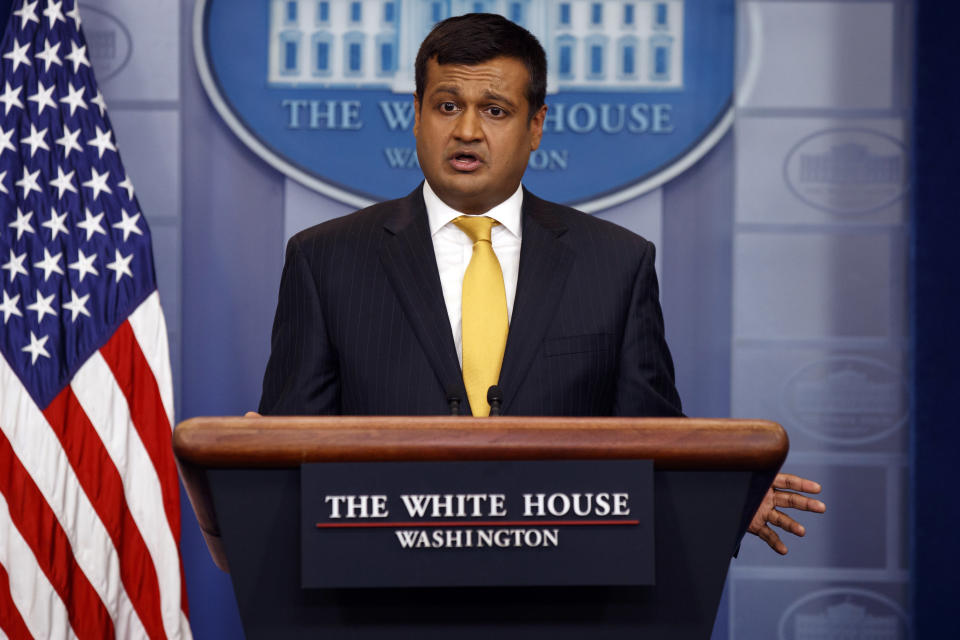 White House deputy press secretary Raj Shah speaks during the daily press briefing, Thursday, Feb. 22, 2018, in Washington. (AP Photo/Evan Vucci)