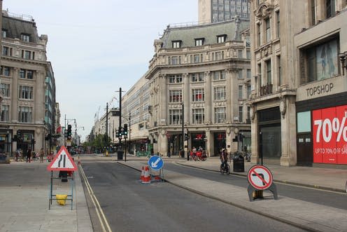 <span class="caption">Oxford Street, London, empty in May 2020. </span> <span class="attribution"><a class="link " href="https://www.shutterstock.com/image-photo/london-uk-may-8-2020-quiet-1727528134" rel="nofollow noopener" target="_blank" data-ylk="slk:CK Travels/Shutterstock;elm:context_link;itc:0;sec:content-canvas">CK Travels/Shutterstock</a></span>