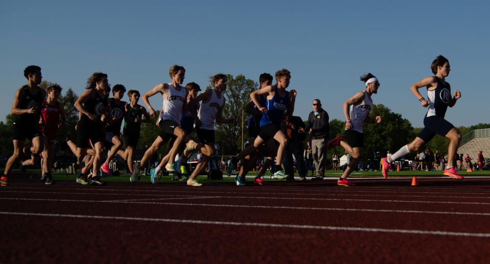 Runners compete in the 1600 meter run at the 2023 Boys & Girls City Track & Field Meet at Central High School Monday evening, April 24, 2023. Reitz's Jackson Nolan won the event with a time of 4:29.02 seconds.