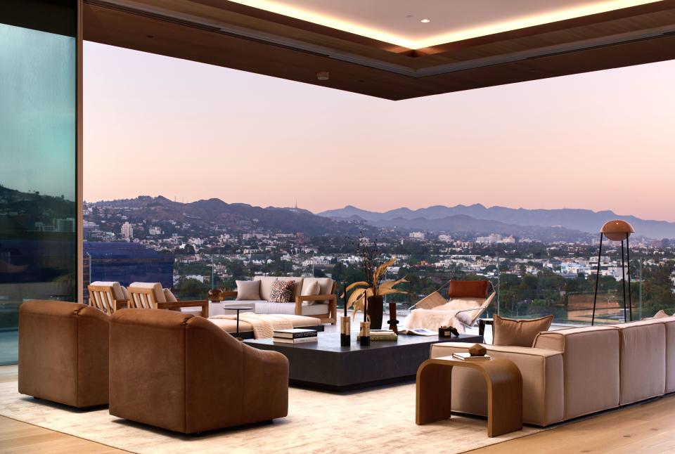 The living area and picturesque view from a penthouse suite at 8899 Beverly.