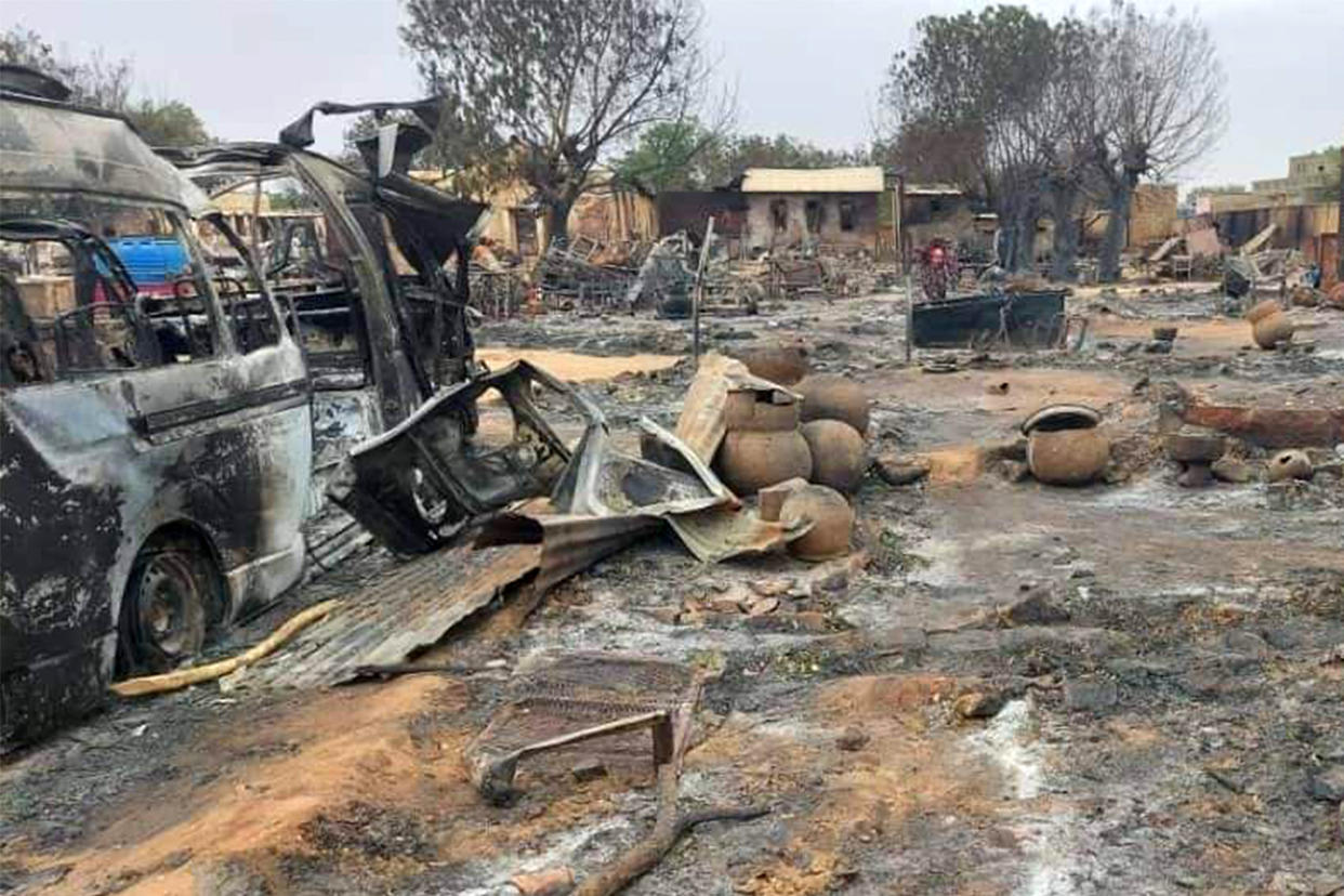 This picture taken on September 1, 2023 shows a view of destruction in a livestock market area in al-Fasher, the capital of Sudan's North Darfur state. The conflict between Sudan's army under General Abdel Fattah al-Burhan and the paramilitary Rapid Support Forces (RSF) commanded by Mohamed Hamdan Daglo spread in late August 2023 to North Darfur state, with at least 27 localities burned down by the RSF and allied Arab militias, according to the Humanitarian Research Lab at the Yale School of Public Health. (Photo by AFP) (Photo by -/AFP via Getty Images)