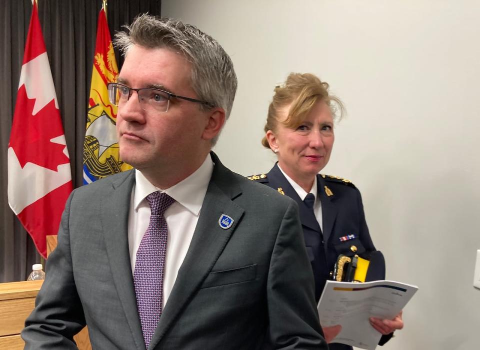 Kris Austin appeared at a news conference with the head of the RCMP in New Brunswick, assistant commissioner DeAnna Hill and the president of an association of police chiefs for what he called 'an update on crime trends.'