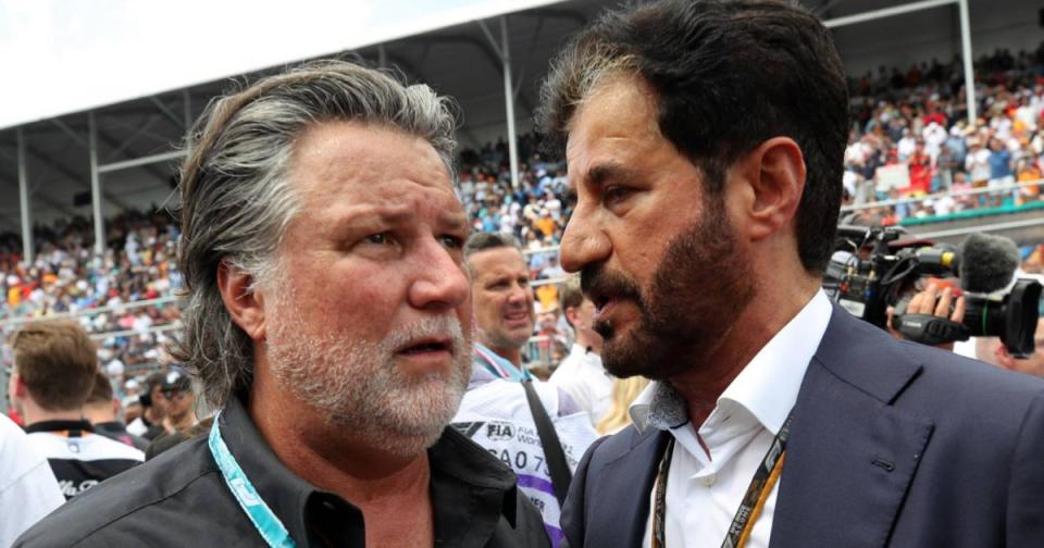 Mohammed ben Sulayem talking to Michael Andretti. Miami May 2022. Credit: Alamy