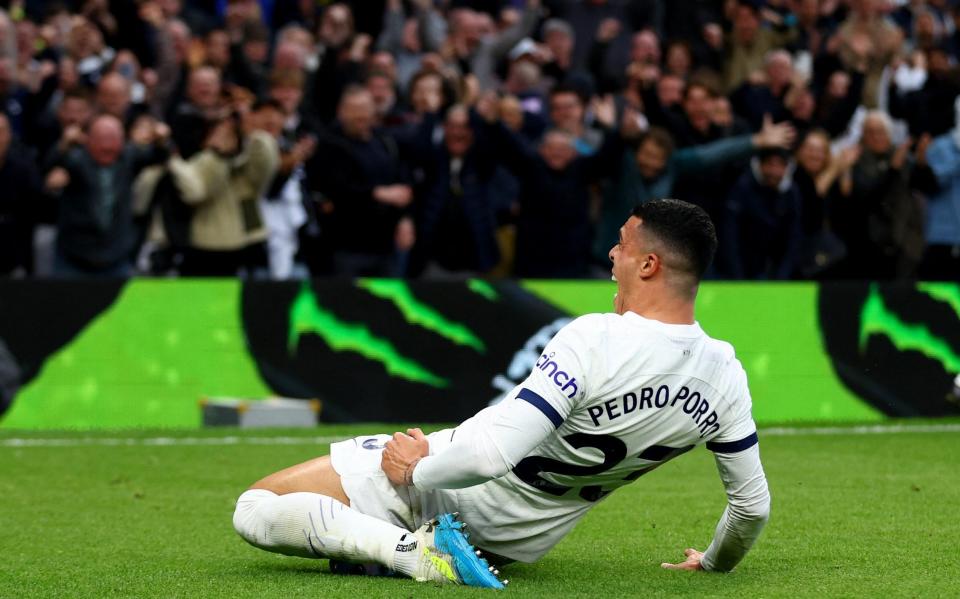 Pedro Porro celebrates scoring Tottenham's third goal