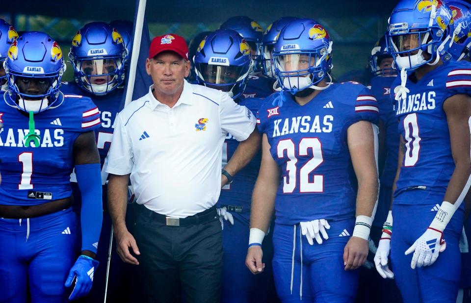 Kansas football coach Lance Leipold gets ready to lead his team onto the field before a Sept. 1, 2023 game against Missouri State at David Booth Kansas Memorial Stadium.