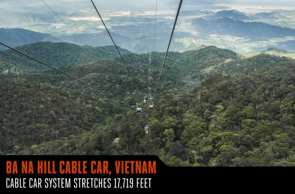 <p>When the folks at Guinness World Records know you by name, you've probably created something special. The Ba Na Hill Cable Car, opened in 2009, has held four records from the Guinness folks, including being the longest single-wire cable car system in the world. The system stretches 17,719 feet, and visitors can choose between 86 cabins that are open air, enclosed, or glass encased, each holding 10 visitors and traveling at faster than 19 feet per second when connecting in the resort hills of Vietnam.</p>