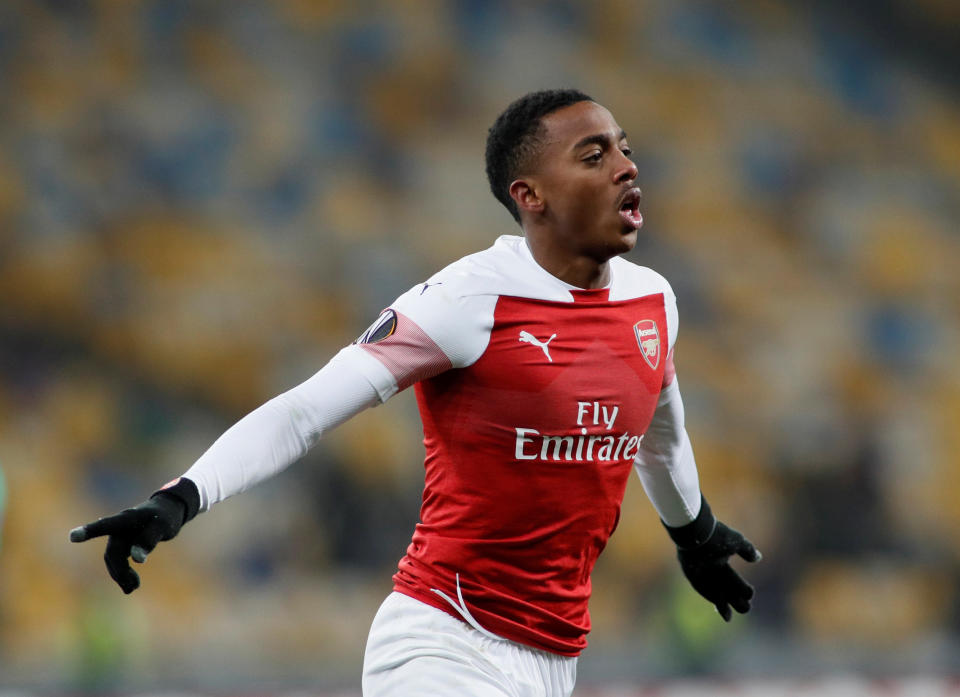 Joe Willock celebrates scoring his first goal for Arsenal