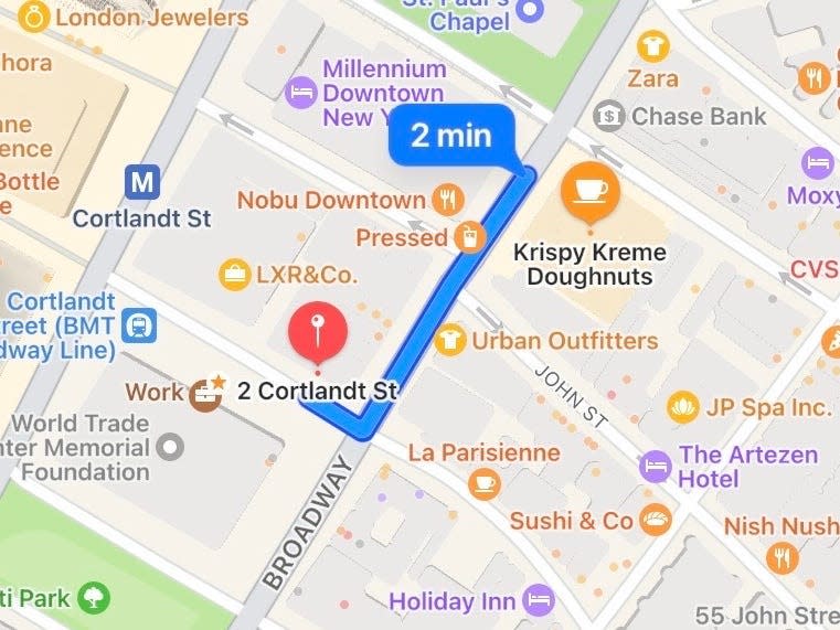 A map shows the walking distance between Krispy Kreme and Dunkin' Donuts in Manhattan.