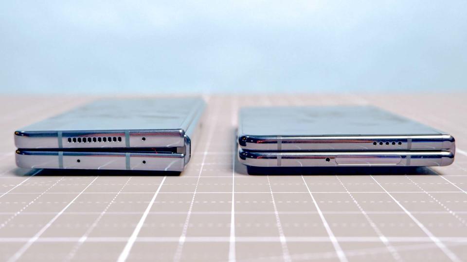 Samsung Galaxy Z Fold 4 and Google Pixel Fold folded closed on a table