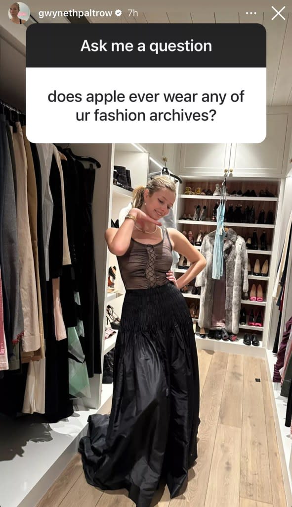 Gwyneth Paltrow’s daughter Apple appeared to have raided her mom’s closet and found the controversial Alexander McQueen gown. gwynethpaltrow/Instagram