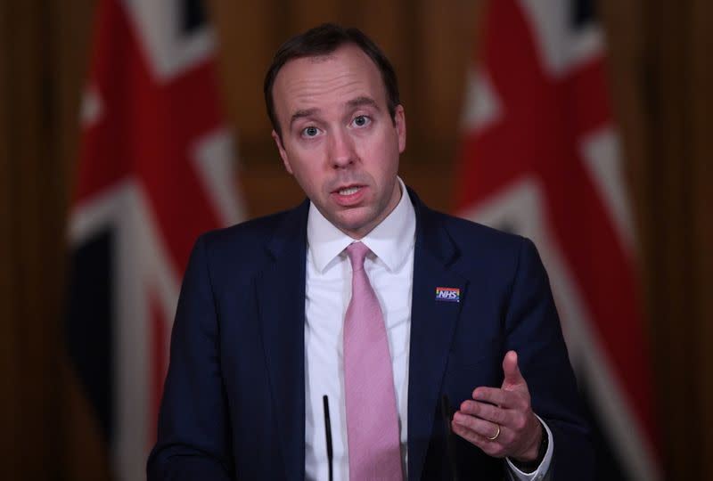 Britain's Health Secretary Matt Hancock attends a media briefing on COVID-19 at 10 Downing Street in London