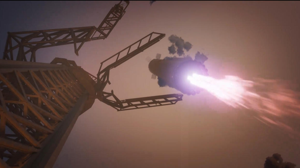  Still from an animation showing a SpaceX Starship Super Heavy booster being caught by the "chopstick" arms of its launch tower after a liftoff. 