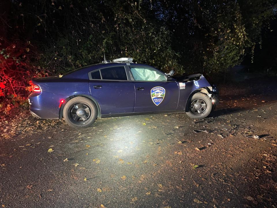 One of two police vehicles that authorities said rammed by a stolen truck that was being driven by male juvenile in Redding on the morning of Wednesday, Nov. 15, 2023.