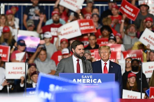 PHOTO: JD Vance, US Republican Senate candidate for Ohio, speaks on stage during a rally with former President Donald Trump in Youngstown, Ohio, Sept. 17, 2022.  (Bloomberg via Getty Images)