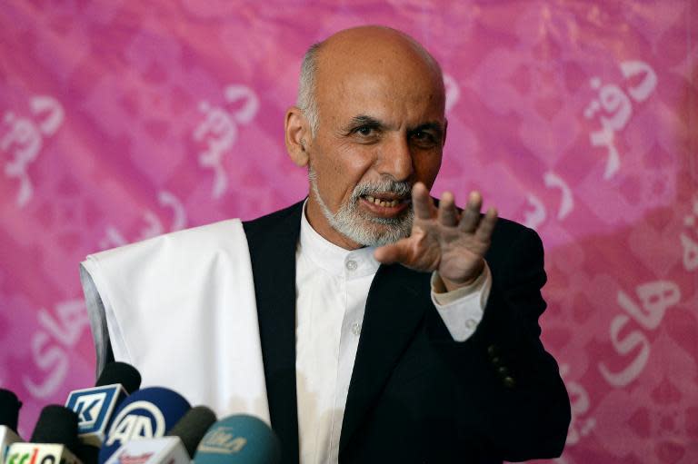 Afghan presidential candidate Ashraf Ghani Ahmadzai, pictured during a press conference in Kabul, on April 13, 2014