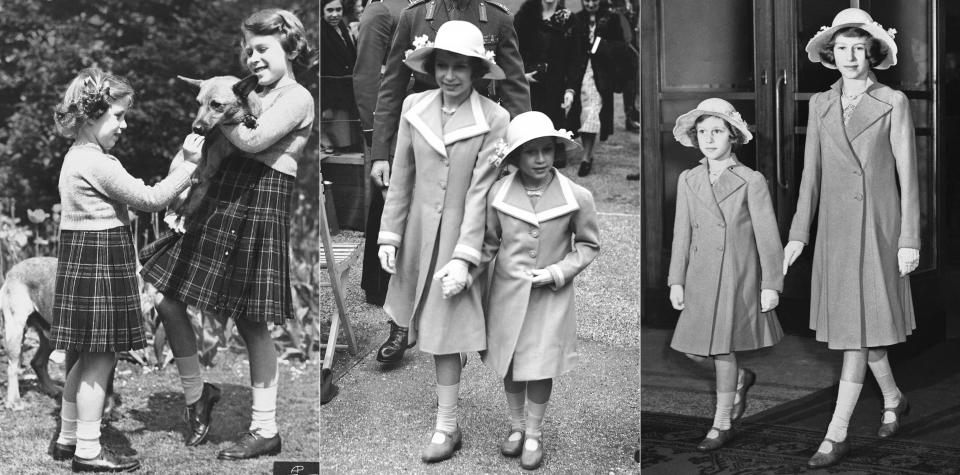 En esta combinación de fotografías, de izquierda a derecha, la princesa Margarita le da una galleta a un perro Pembrokeshire Corgi que sostiene la princesa Isabel el 5 de julio de 1936. La princesa Isabel y la princesa Margarita el 7 de junio de 1938 y la princesa Margarita y la princesa Isabel en la muestra ecuestre internacional en Londres el 21 de junio de 1939. Las princesas solían ser vestidas igual cuando eran niñas y adolescentes. (Foto AP)