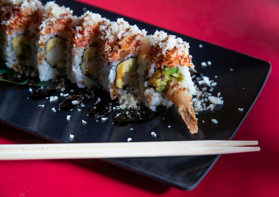 The Derby Roll from Wild Ginger features tempura shrimp, cucumber, avocado, with spicy crab meat with an eel sauce. $13. January 10, 2019.