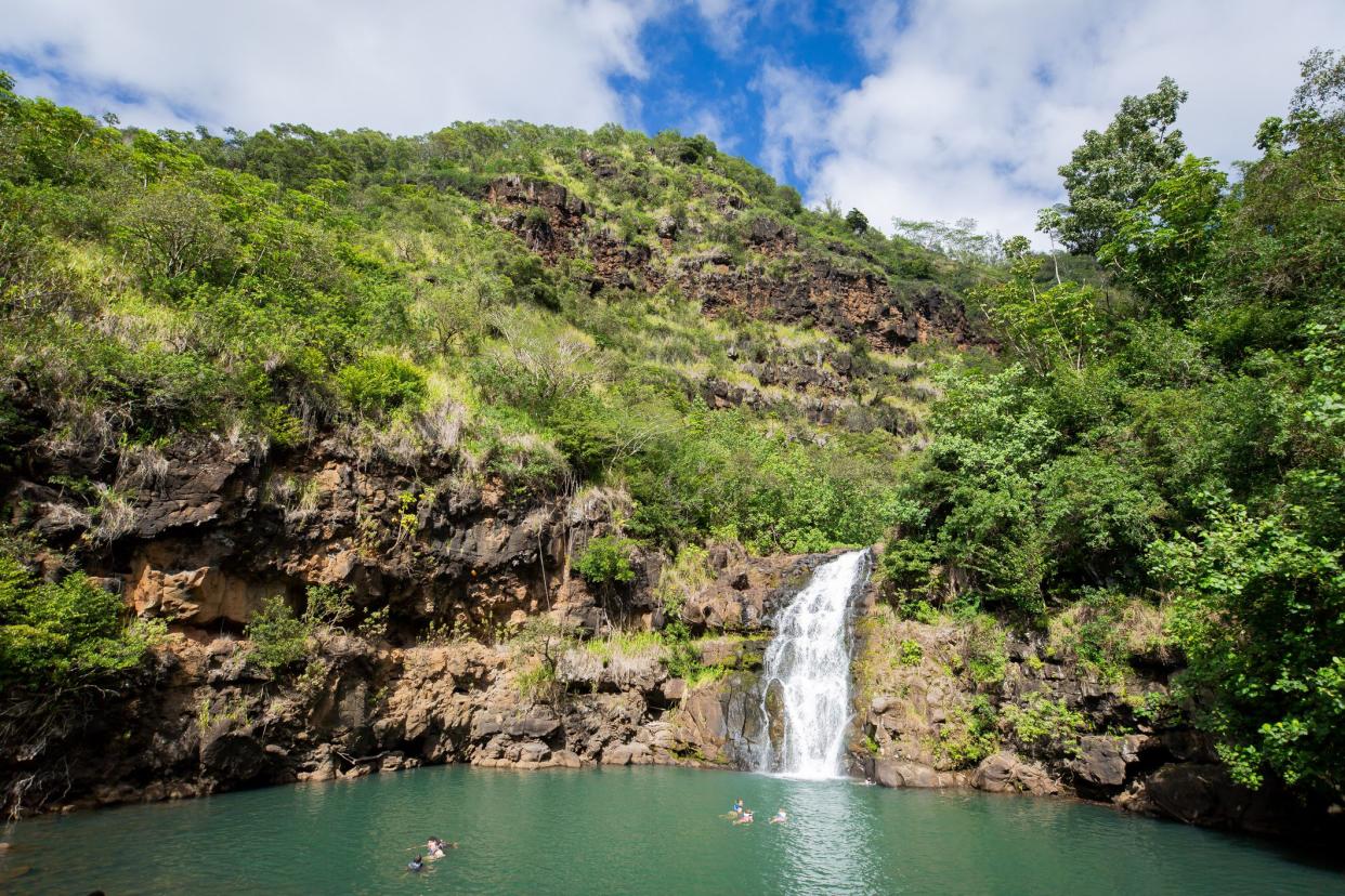 Waimea Falls, Oahu, Hawaii, people in swimming hole on a bright, sunny day