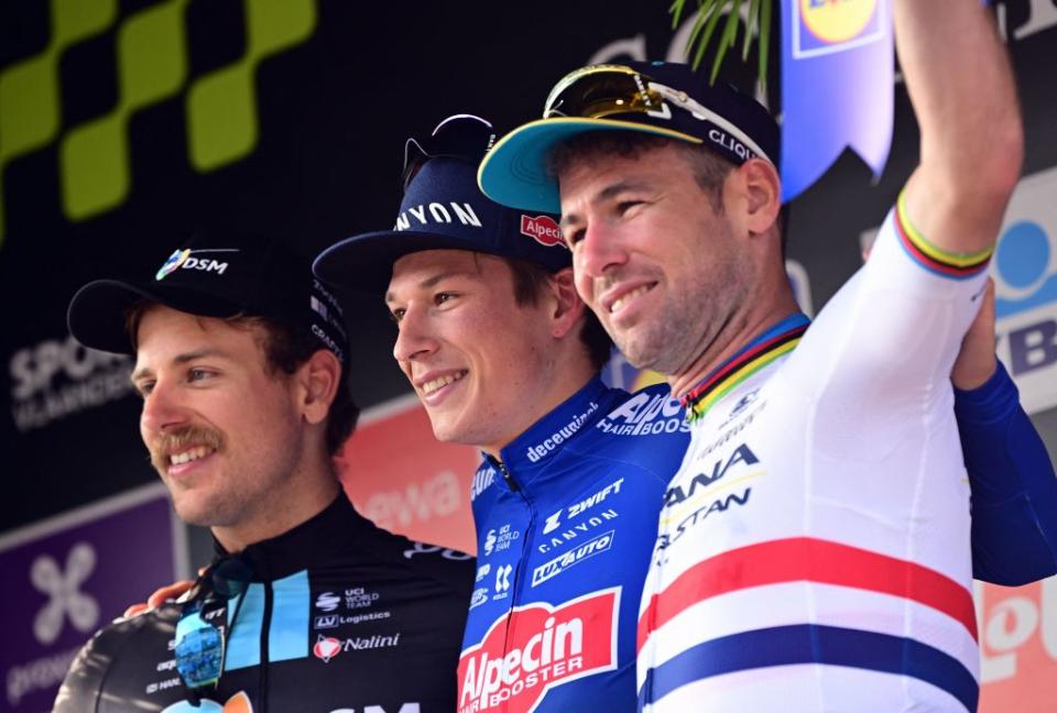 Sam Welsford, Jasper Philipsen and Mark Cavendish on the Scheldeprijs podium