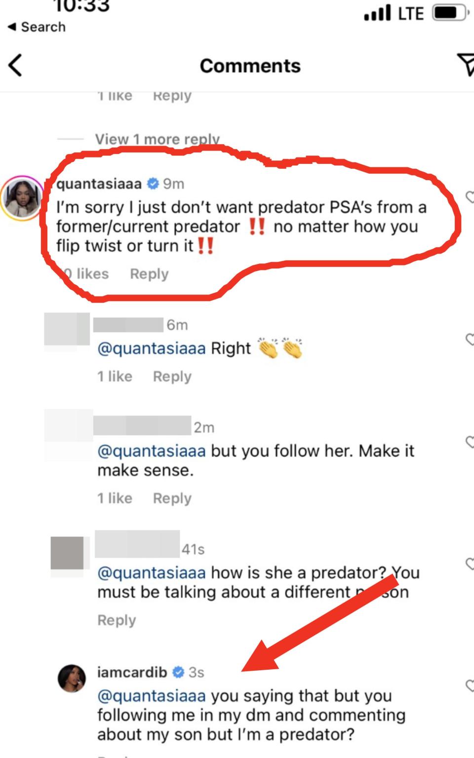 Comment: "I'm sorry but I just don't want predator PSAs from a former/current predator!! no matter how you flip twist or turn it," and Cardi says "you saying that but you following me in my dm and commenting about my son but I'm a predator?"