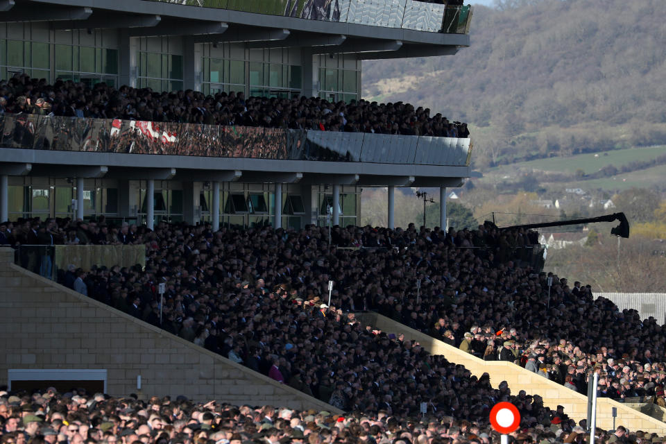 Crowds in the grandstand during day four of the Cheltenham Festival at Cheltenham Racecourse. (Photo by Andrew Matthews/PA Images via Getty Images)