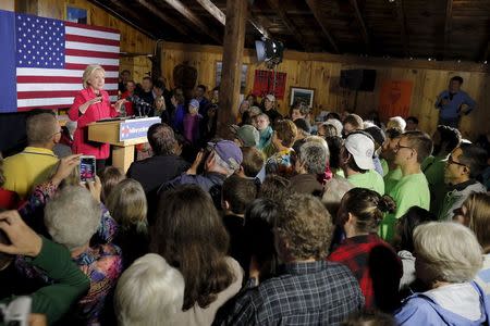 Democratic presidential candidate Hillary Clinton speaks at a campaign launch party at Carter Hill Orchard in Concord, New Hampshire June 15, 2015. REUTERS/Brian Snyder