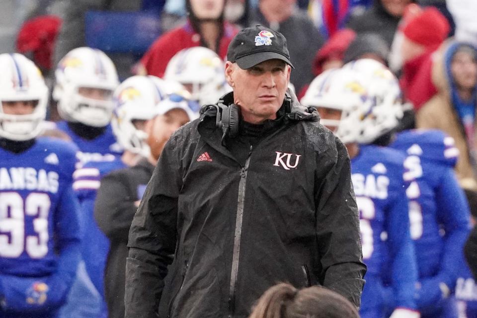 Kansas football head coach Lance Leipold looks on during an Oct. 28, 2023 game against Oklahoma at David Booth Kansas Memorial Stadium.