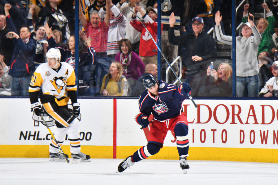 COLUMBUS, OH – FEBRUARY 17: Brandon Dubinsky #17 of the Columbus Blue Jackets reacts after scoring the game-winning goal in overtime against the Pittsburgh Penguins on February 17, 2017 at Nationwide Arena in Columbus, Ohio. Columbus defeated Pittsburgh 2-1 in overtime. (Photo by Jamie Sabau/NHLI via Getty Images)