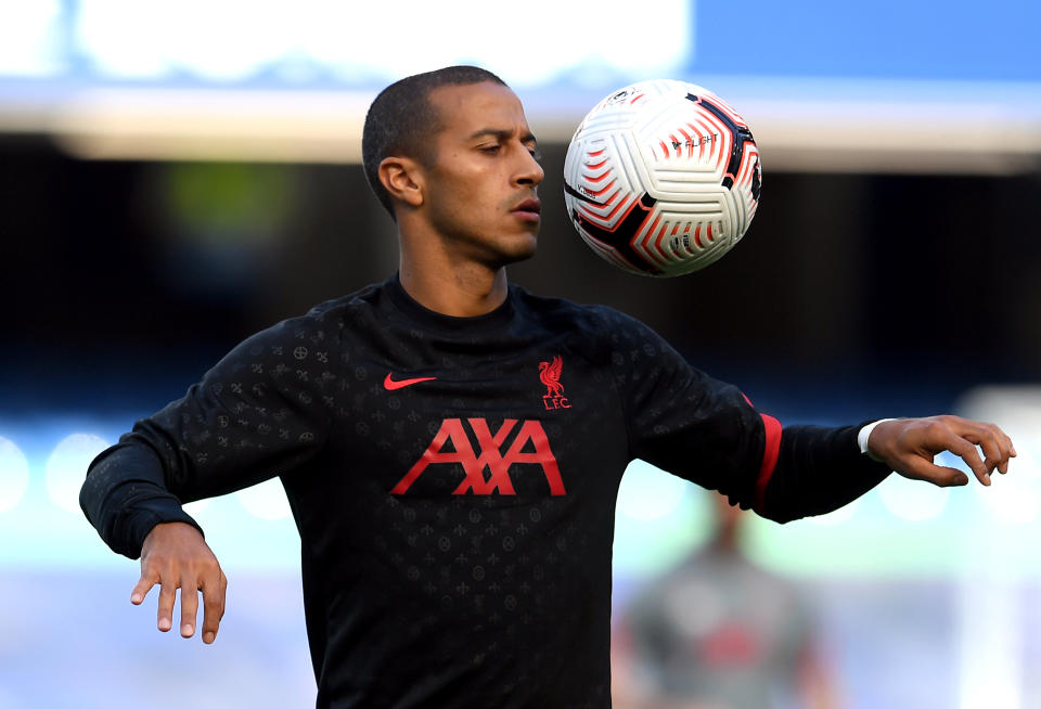 Liverpool's Alcantara Thiago warming up before the Premier League match at Stamford Bridge, London. (Photo by Neil Hall/PA Images via Getty Images)