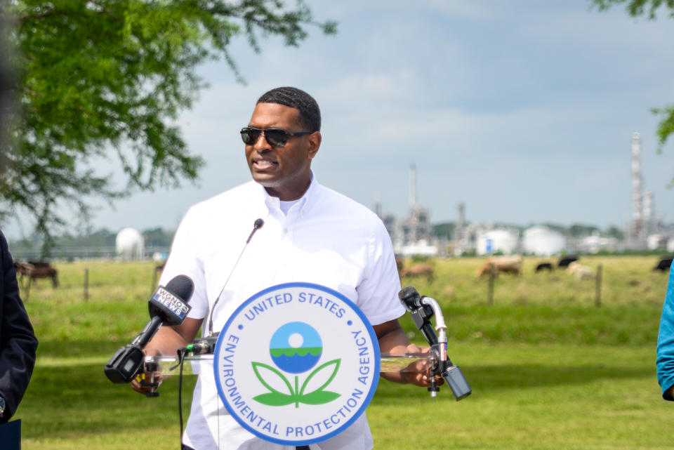 Environmental Protection Agency Administrator Michael Regan speaks at a news conference near the Denka Performance Elastomer facility in St. John the Baptist Parish