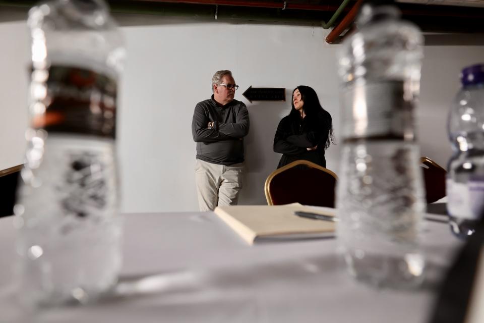 Executive Editor of the Deseret News Doug Wilks and Special Projects reporter Katie McKellar discuss story options as members of the Utah trade delegation in Kyiv spend a portion of the night and early morning in the shelter under threat of air attacks on Wednesday, May 3, 2023.