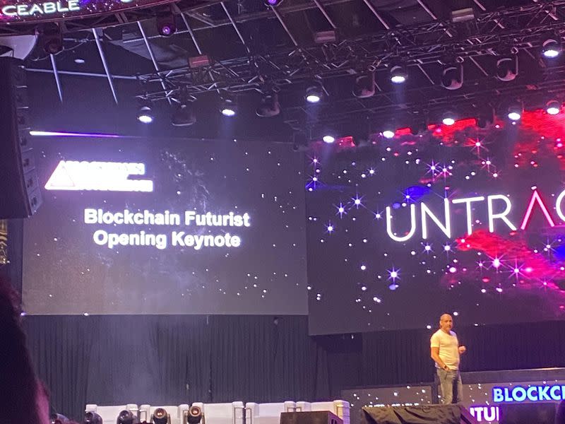 Anthony Di Iorio speaks at Futurist Blockchain Conference introducing Andiami. (Margaux Nijkerk /CoinDesk)