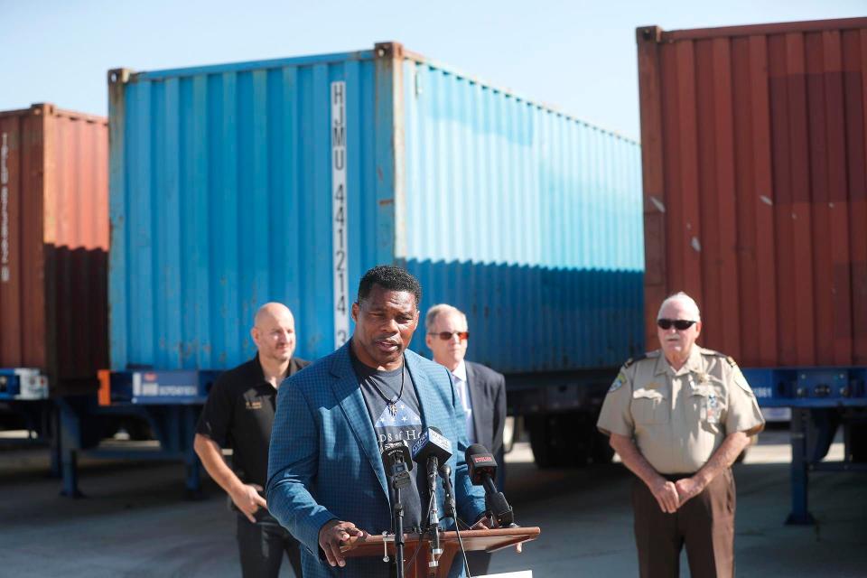 Republican candidate for Georgia Senate Herschel Walker speaks during a press conference on Friday September 16, 2022 in Port Wentworth, Georgia.