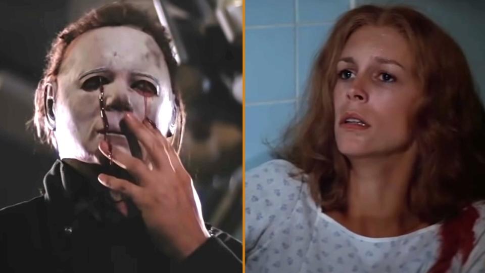 Michael Myers touches his mask, blood dripping from his eyes. Laurie Strode looks on, concerned