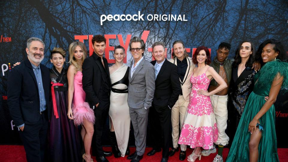 Michael Aguilar, Monique Kim, Anna Lore, Cooper Koch, Theo Germaine, Kevin Bacon, John Logan, Scott Turner Schofield, Carrie Preston, Austin Crute, Darwin Del Fabro, and Quei Tann attend the world premiere of “They/Them” during the 2022 Outfest Los Angeles LGBTQ+ Film Festival closing night at Ace Hotel on July 24, 2022 in Los Angeles, California.