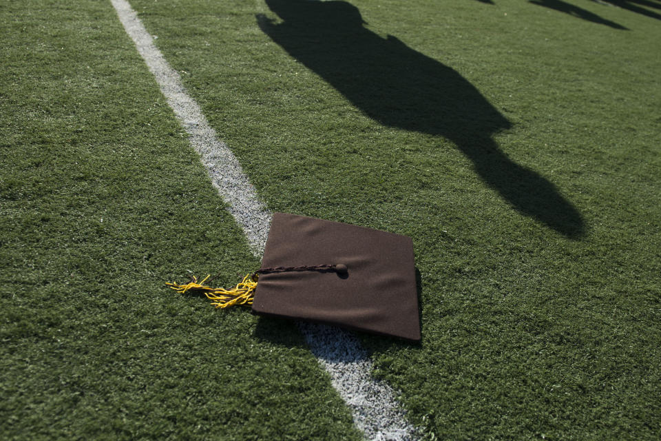 A graduates' cap after commencement ceremonies at Fred Kelly Stadium in California. (Photo by Kevin Sullivan/Digital First Media/Orange County Register via Getty Images)