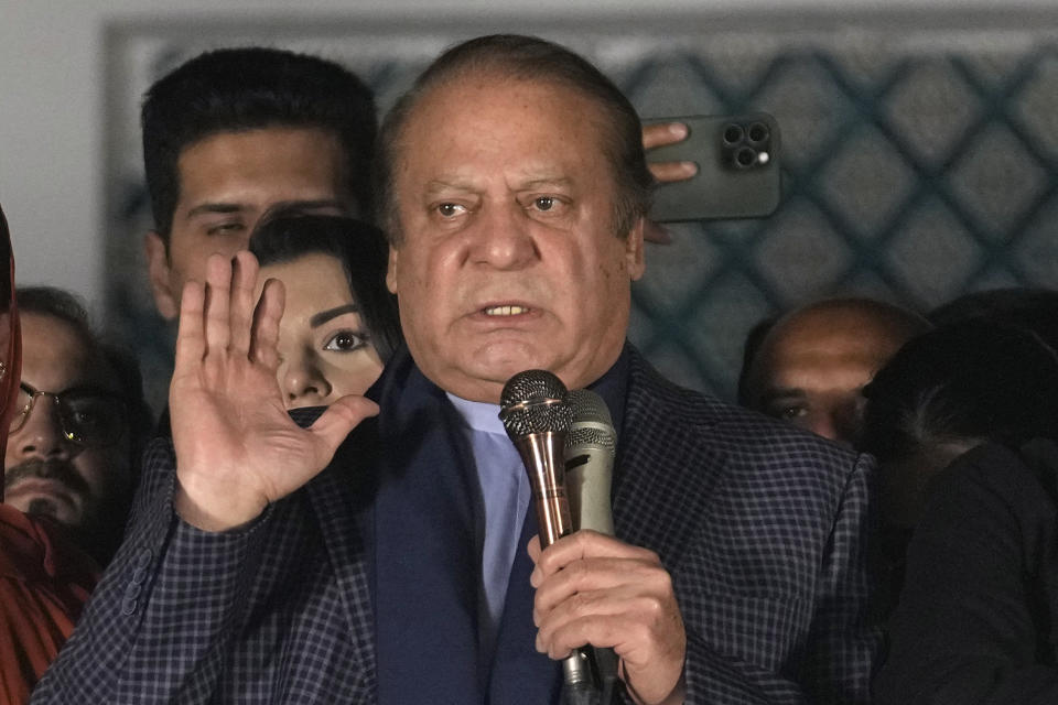 Pakistan's Former Prime Minister Nawaz Sharif addresses supporters following initial results of the country's parliamentary election, in Lahore, Pakistan, Friday, Feb. 9, 2024. Sharif is changing tack and said on Friday that he will seek to form a coalition government after his party trailed the independent candidates of his rival Imran Khan in preliminary results following the country’s parliamentary election. (AP Photo/K.M. Chaudary)