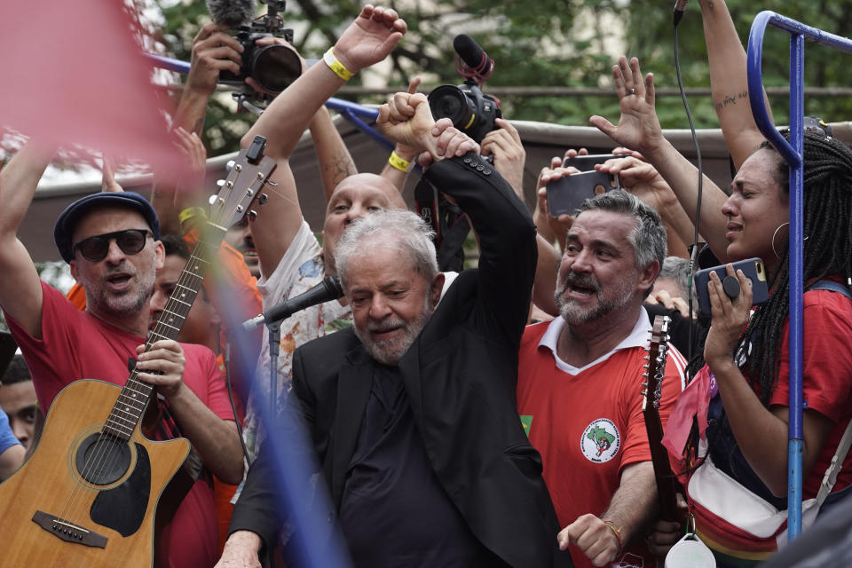 Former Brazilian President Luiz Inacio Lula da Silva celebrates with supporters during a rally at the Metal Workers Union headquarters, in Sao Bernardo do Campo, Brazil, Saturday, Nov. 9, 2019. Da Silva addressed thousands of jubilant supporters a day after being released from prison. "During 580 days, I prepared myself spiritually, prepared myself to not have hatred, to not have thirst for revenge," the former president said. (AP Photo/Leo Correa)