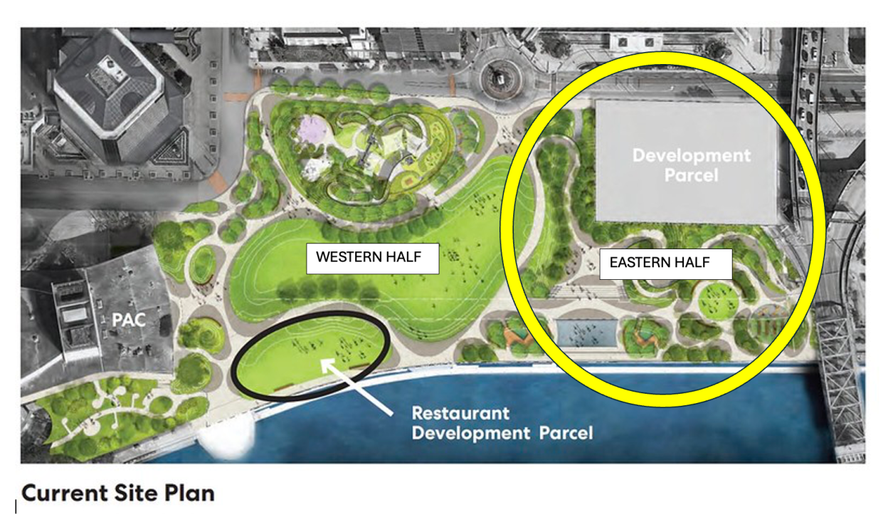 On the Downtown Investment Authority's original rendering of Riverfront Plaza, members of the Riverfront Parks Now coalition have circled two areas currently planned for development. The group is urging the city to reconsider plans for a waterfront restaurant and a residential tower on the site.