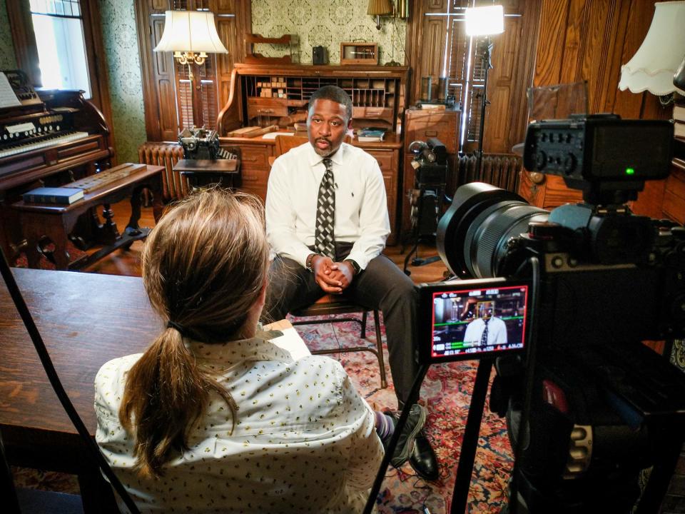 Filmmaker Christina Paolucci interviews Oberlin High School history teacher Kurt Russell for her film "A Higher Law: The Oberlin-Wellington Rescue of 1858."