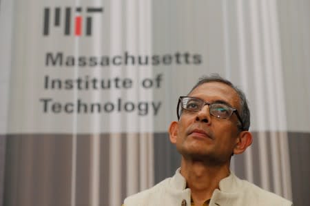 Abhijit Banerjee, one of the three winners of the 2019 Nobel Prize in Economics, speaks at a news conference MIT in Cambridge