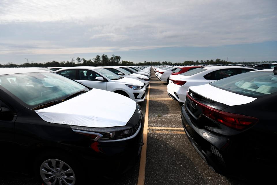 Rows of new Kias sit on a lot at the Georgia Ports Authority Colonel's Island terminal in Brunswick.