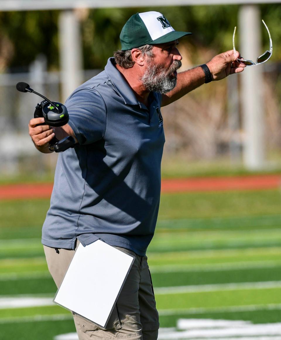 Melbourne football head coach David Kintigh protests a call in the first round of the FHSAA Class 4S football championship Saturday, November 12, 2022. Craig Bailey/FLORIDA TODAY via USA TODAY NETWORK