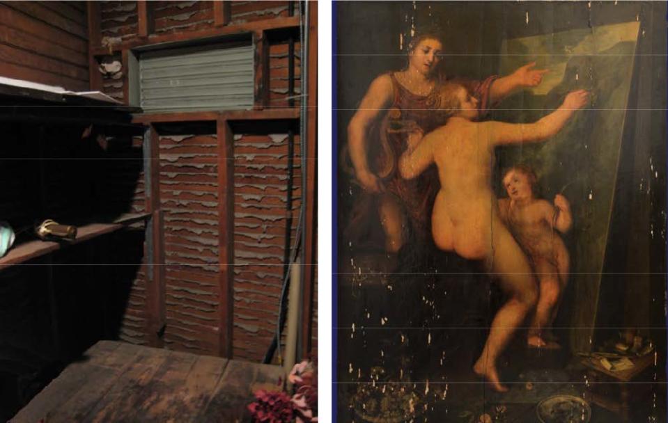 El cuadro ‘Apolo y Venus’ de Otto Van Veen y el cuarto en el que fue hallado en 2016 en el centro cultural Hoyt Sherman Place, en Iowa. (HoytSherman.org)