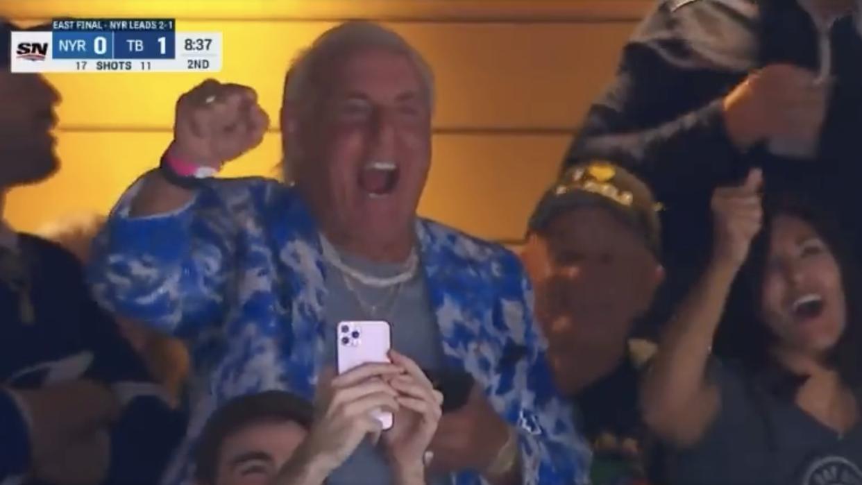 Ric Flair was in the building for Game 4 of the Lightning-Rangers series, and a couple of unforeseen combatants put on a little show for the WWE legend. (Screen grab via Sportsnet) 