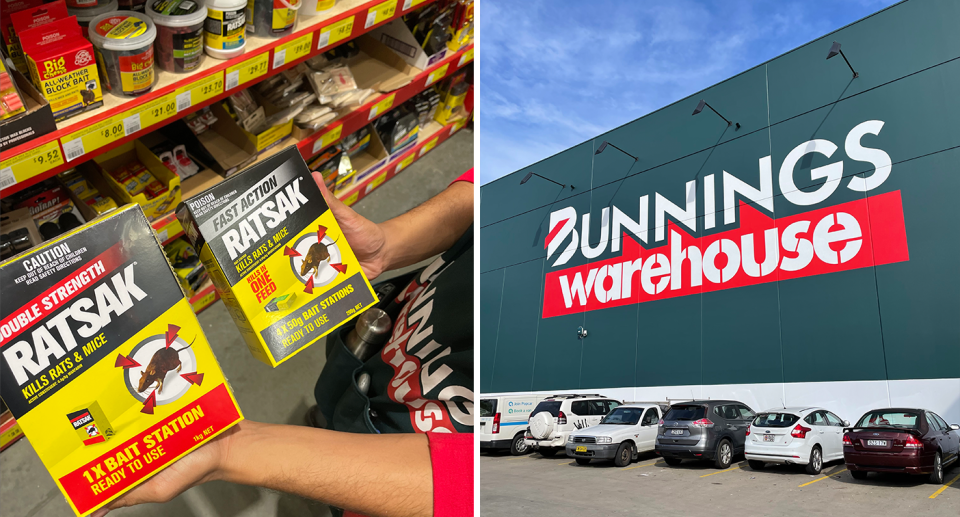 A Bunnings staff member holds two Ratsak packages. A Bunnings store front.