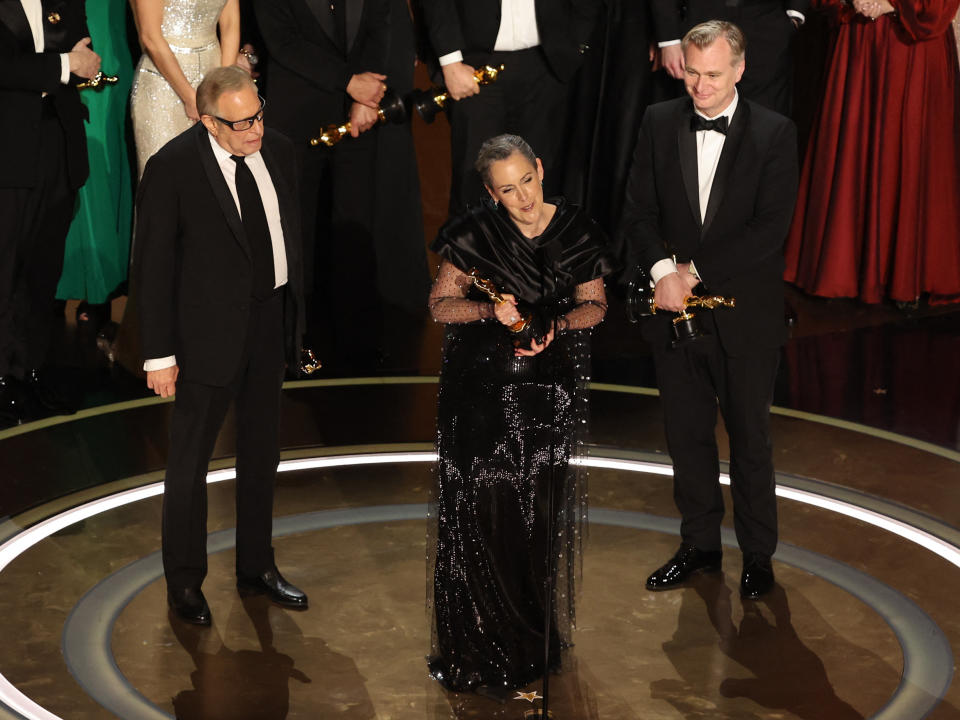 Director Christopher Nolan and Producers Emma Thomas and Charles Roven (REUTERS/Mike Blake)