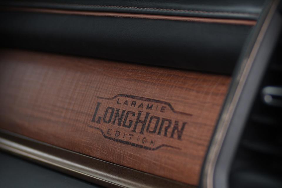 The 2020 Ram 1500 Laramie Longhorn even has a mark from a branding iron in its wood trim.